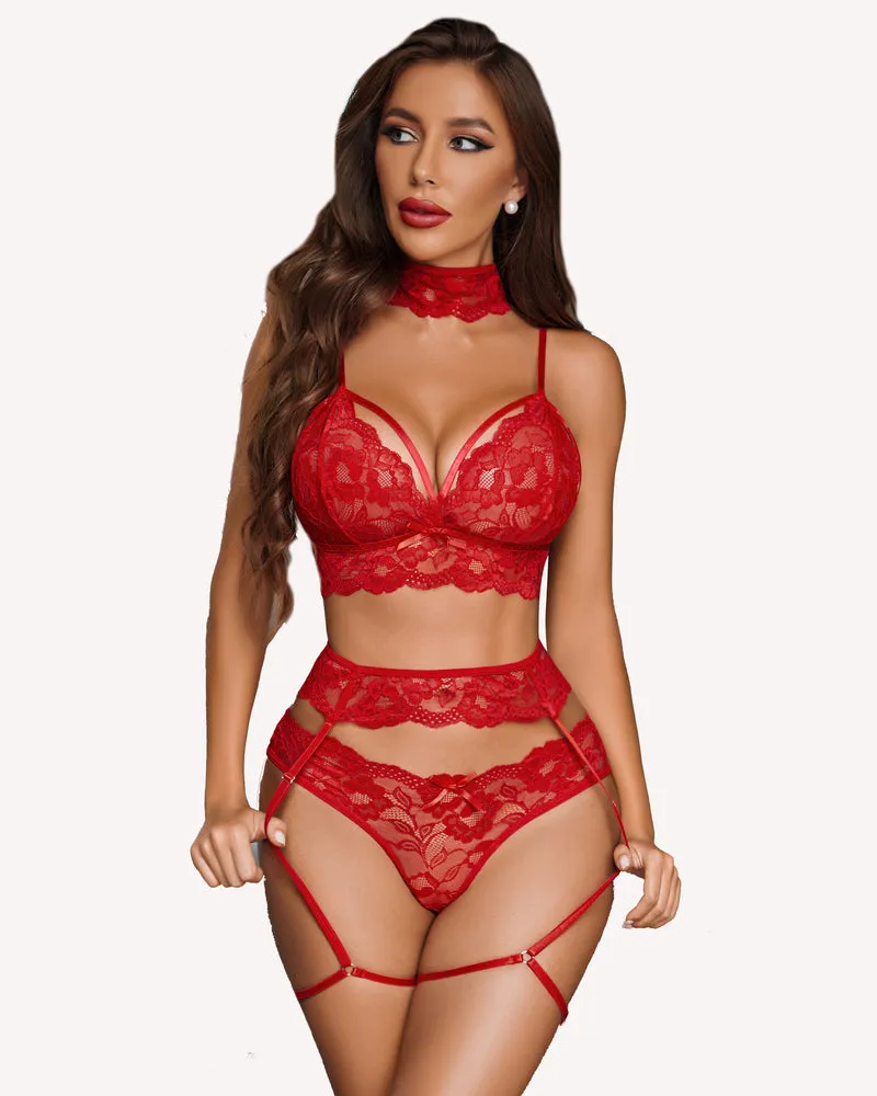 Lace Bra and Panty Set with Garter Belts