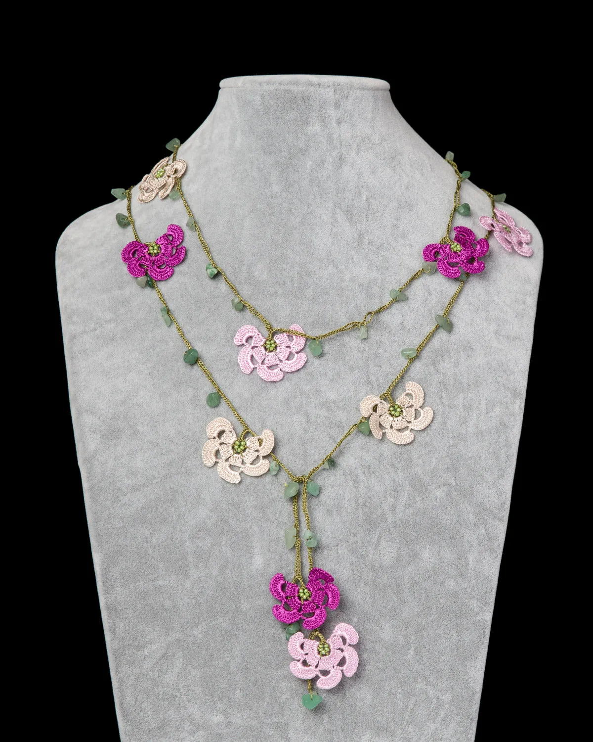 Lariat with Fan Motif -  Pink, Fuschia & Beige