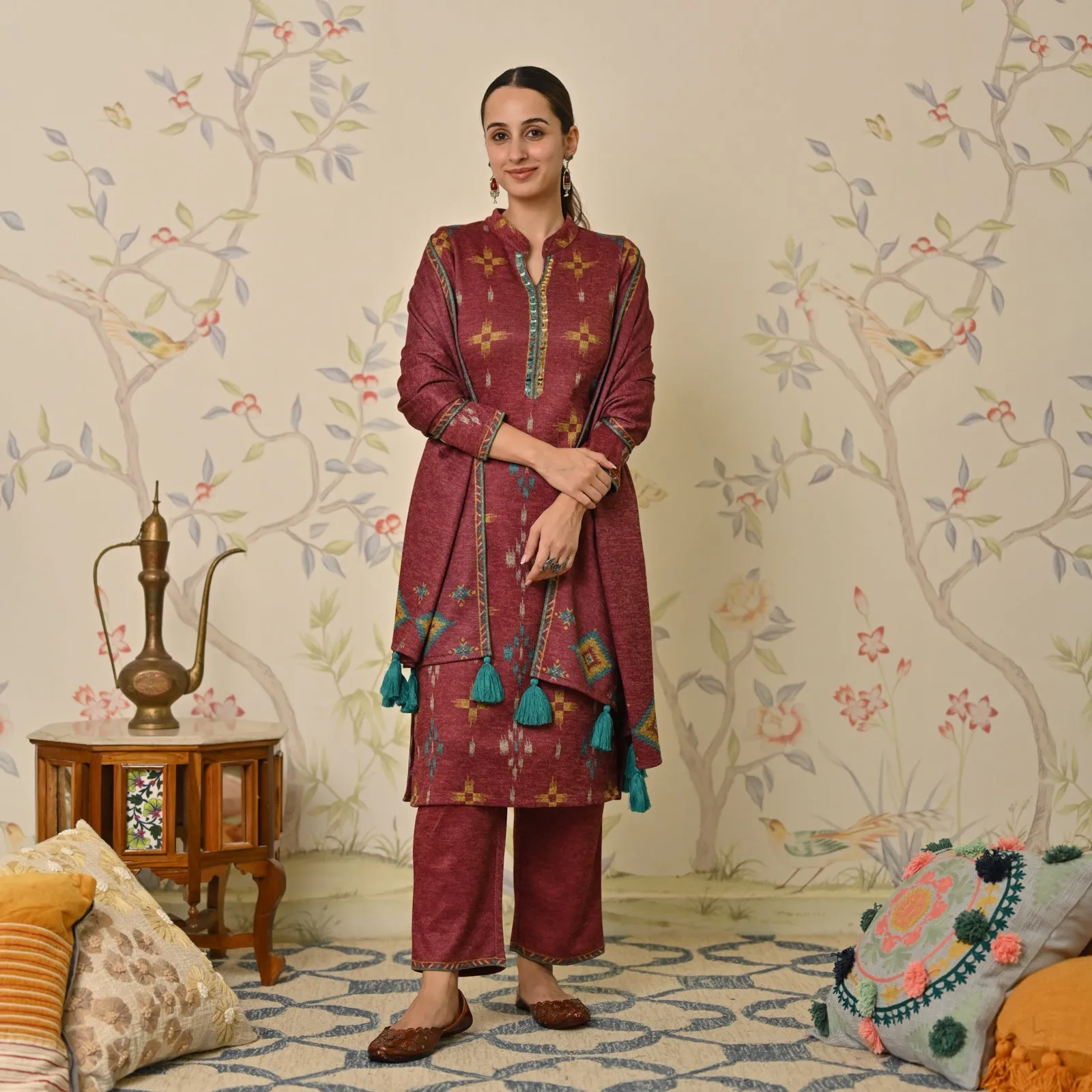 Maroon Embroidered & Ikat Printed Woollen Kurta Pant Set with Dupatta