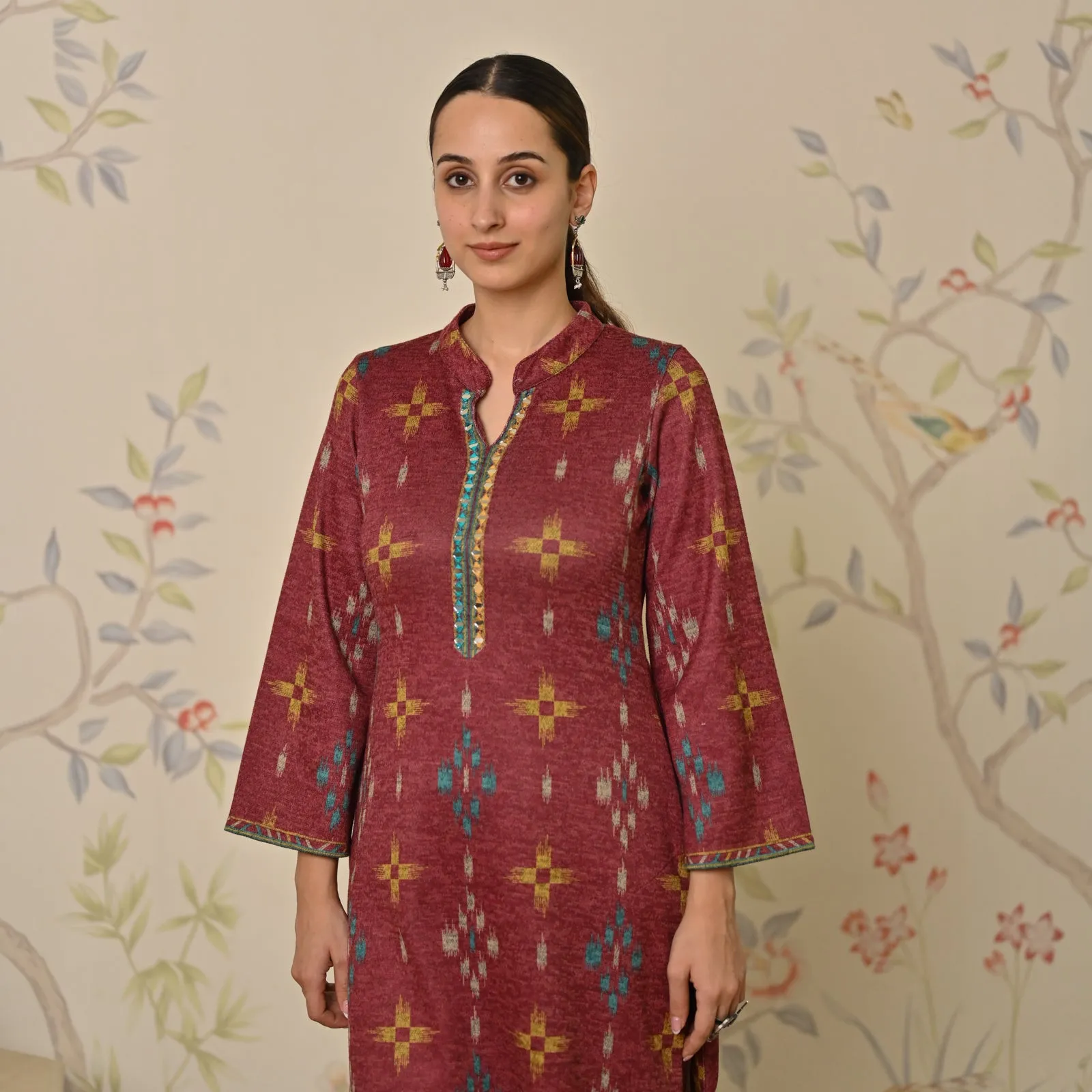 Maroon Embroidered & Ikat Printed Woollen Kurta Pant Set with Dupatta