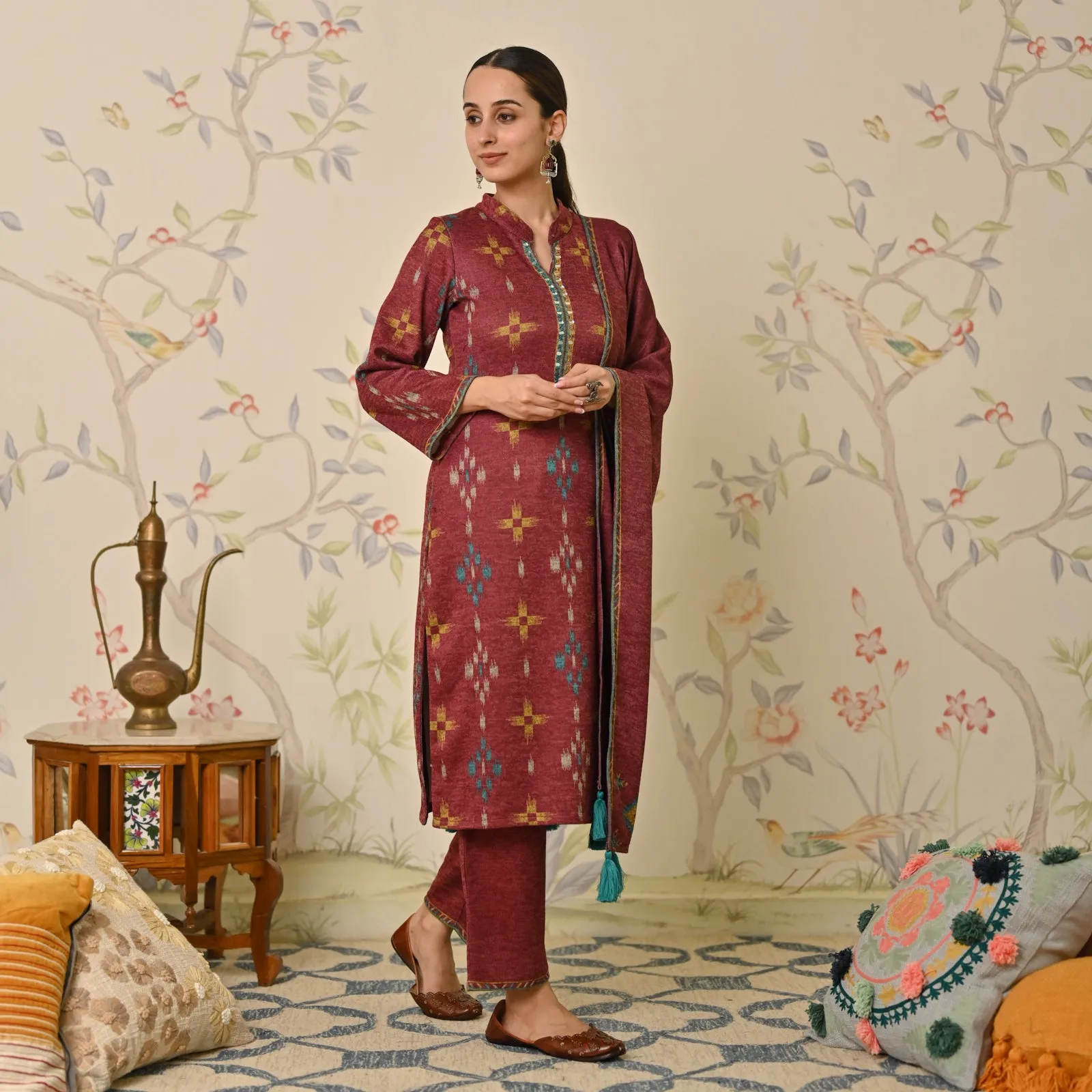 Maroon Embroidered & Ikat Printed Woollen Kurta Pant Set with Dupatta