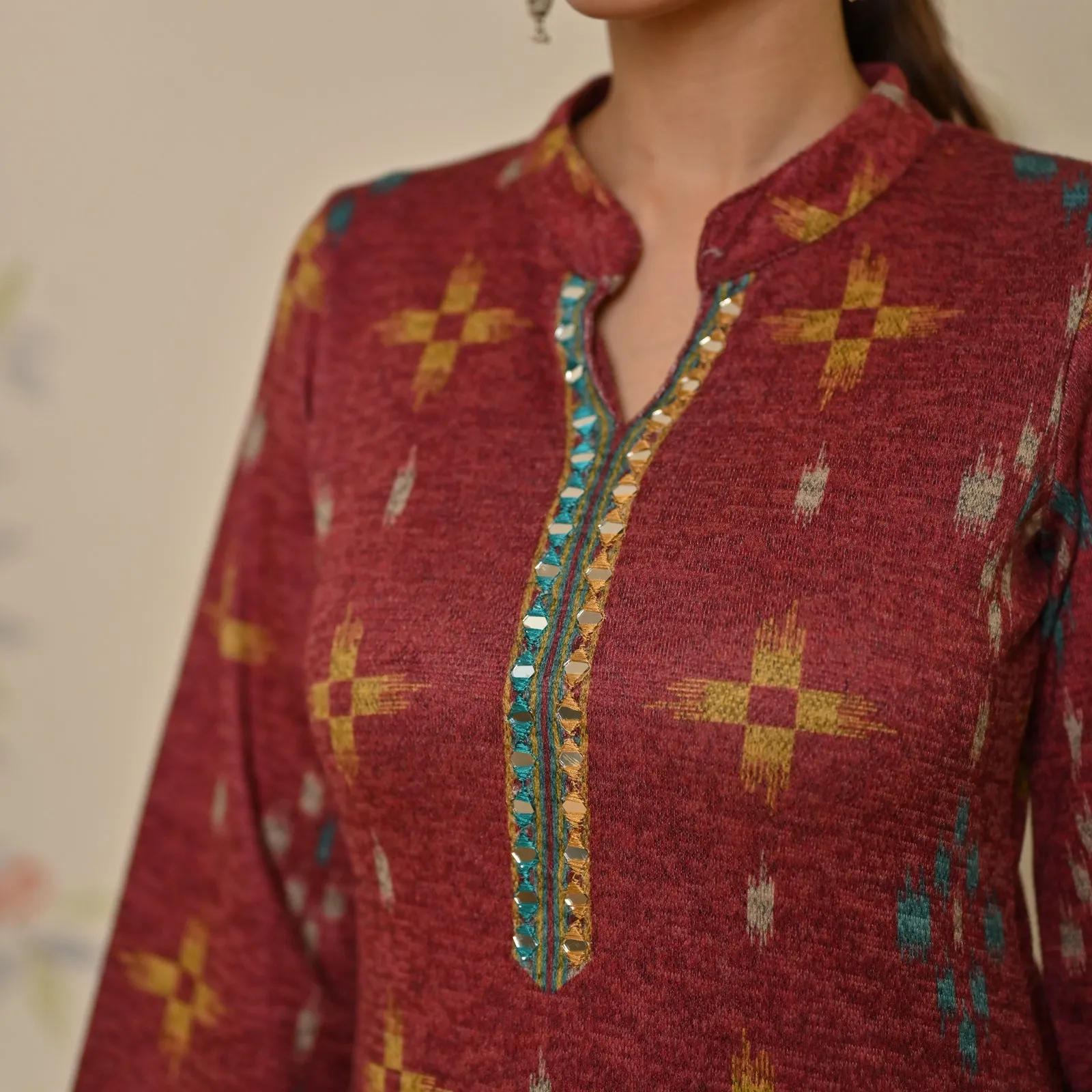 Maroon Embroidered & Ikat Printed Woollen Kurta Pant Set with Dupatta