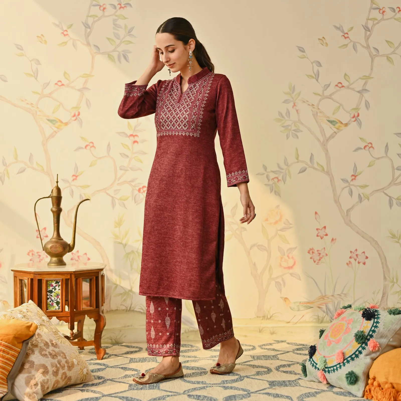 Maroon Embroidered & Monotone Woollen Kurta