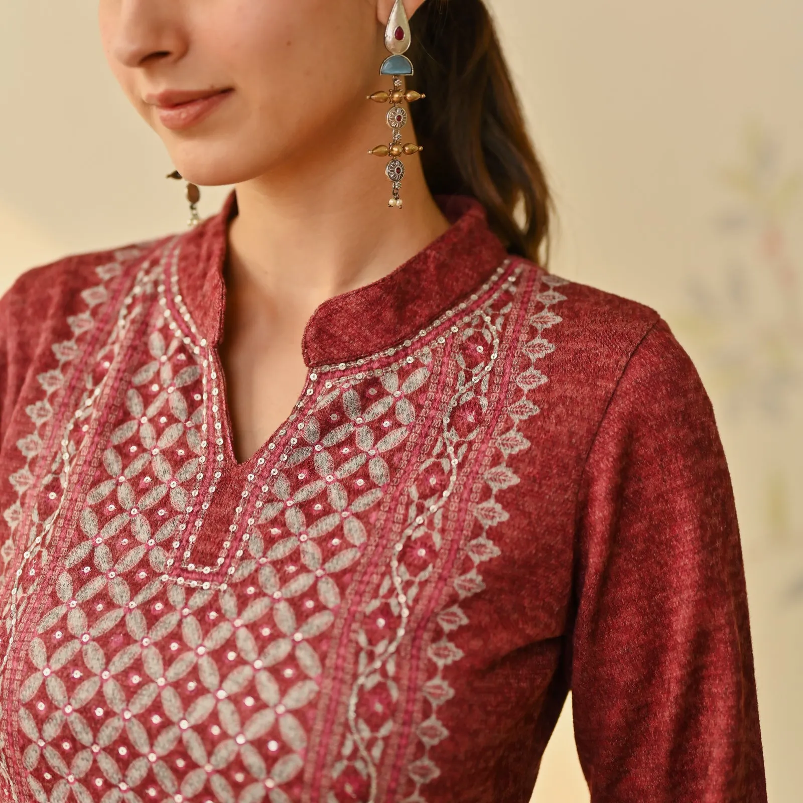 Maroon Embroidered & Monotone Woollen Kurta