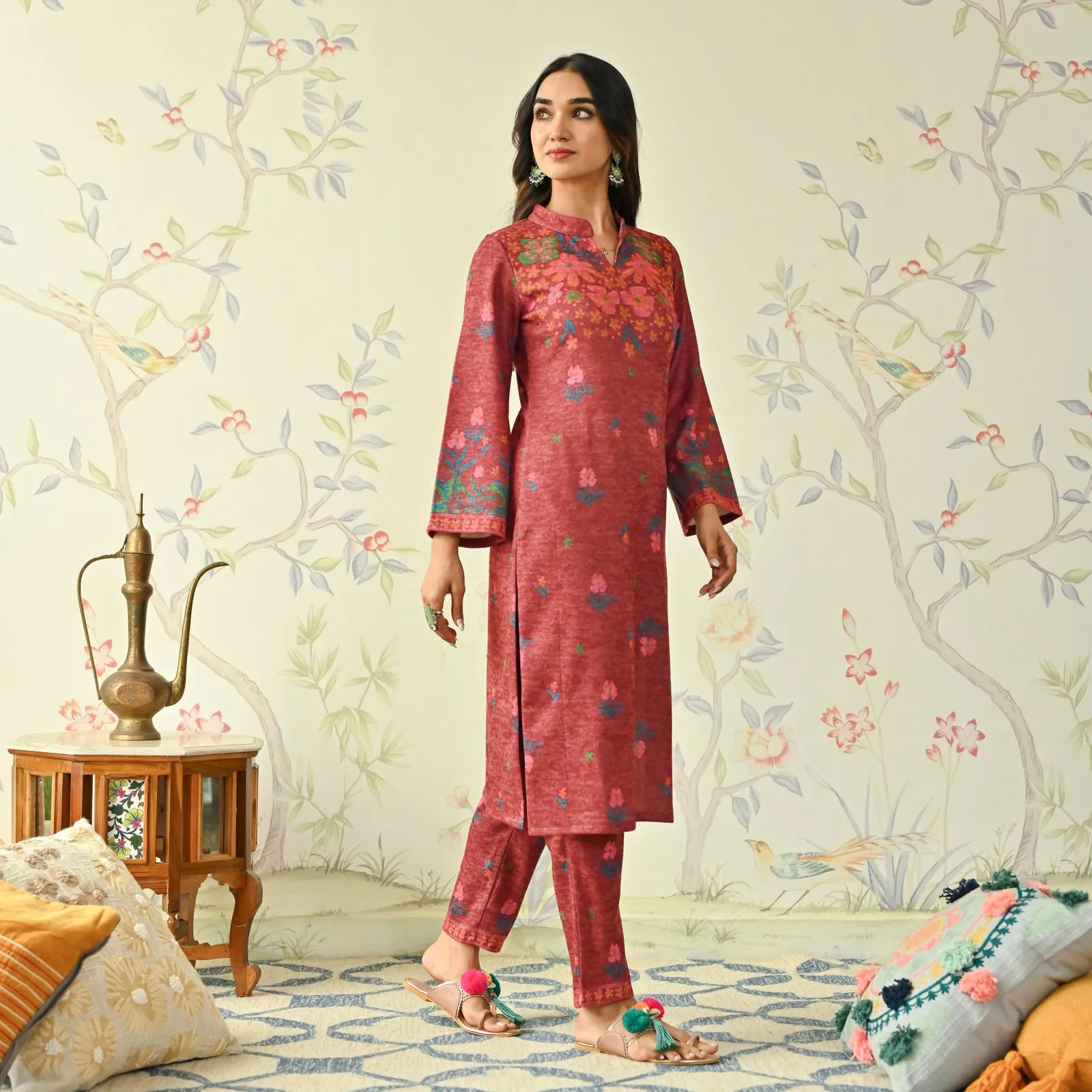 Maroon Floral Woollen Kurta Set with Bell Sleeves