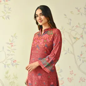 Maroon Floral Woollen Kurta with Bell Sleeves