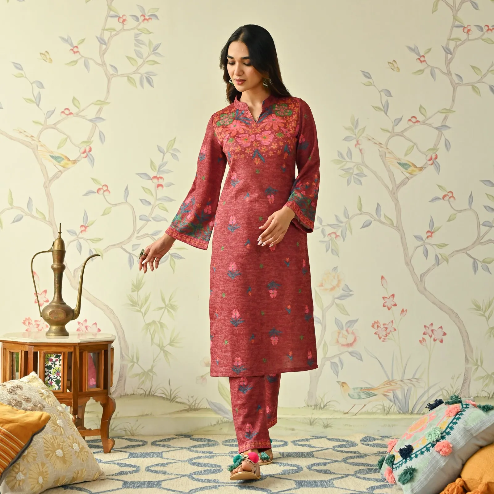 Maroon Floral Woollen Kurta with Bell Sleeves