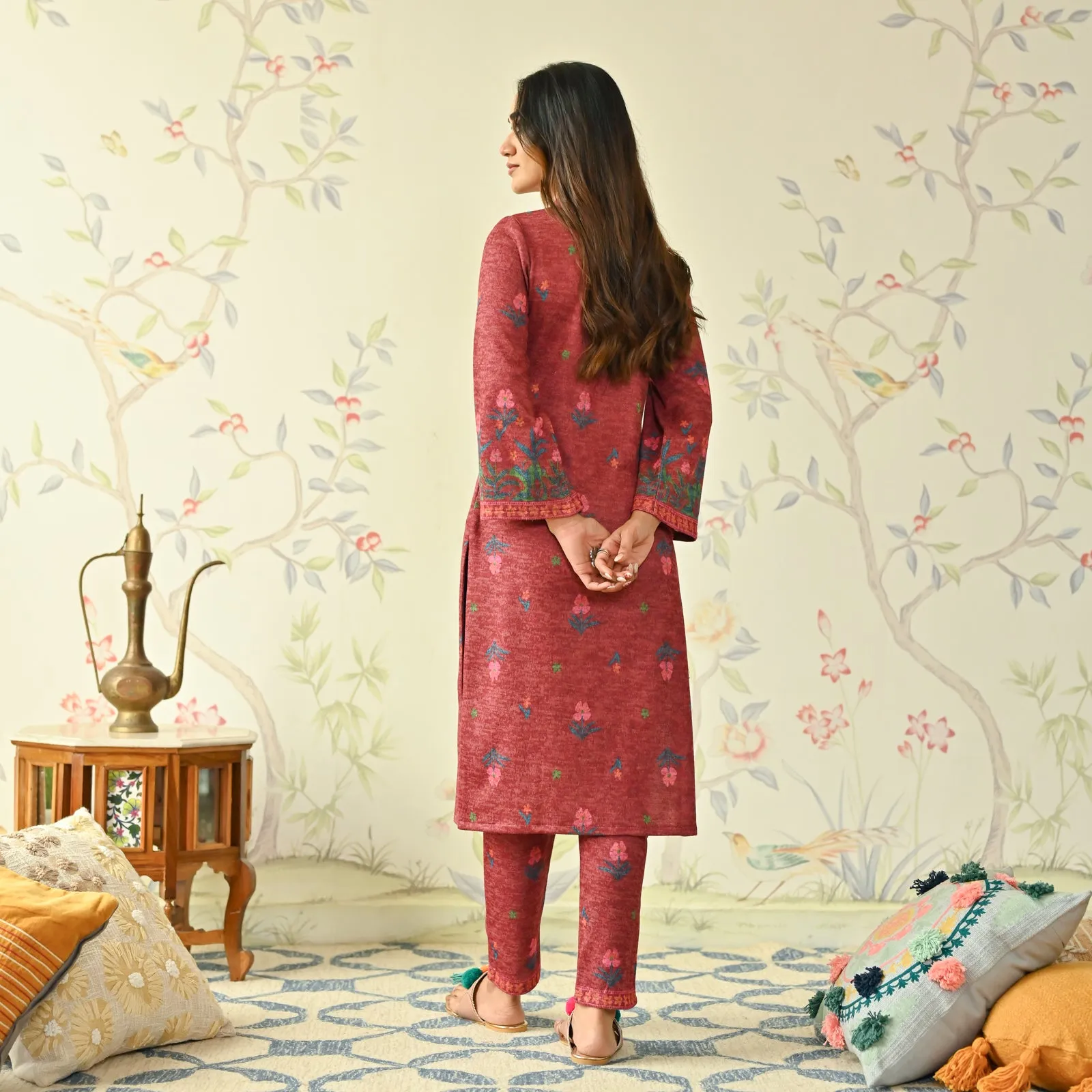 Maroon Floral Woollen Kurta with Bell Sleeves