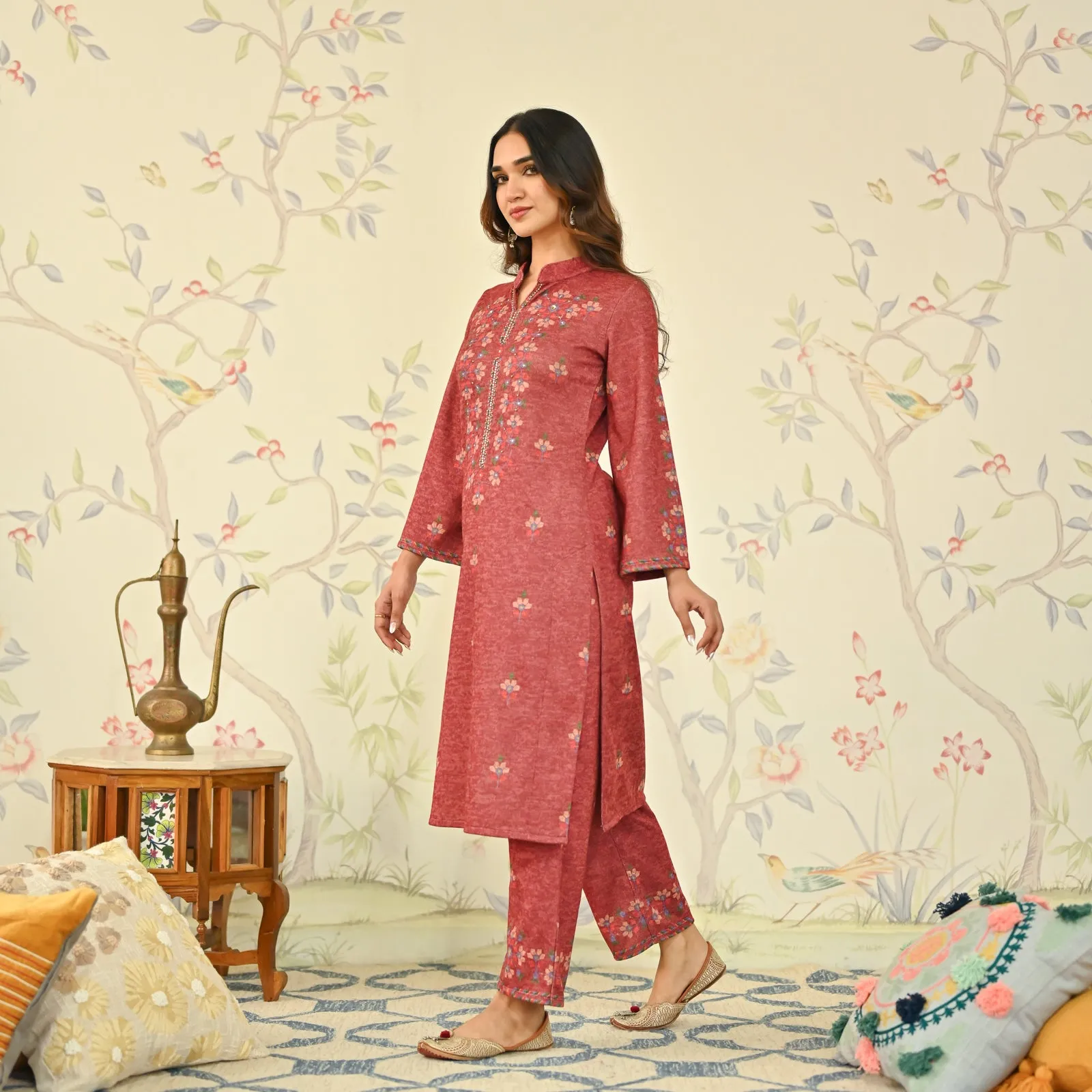 Maroon Geometric Floral Woollen Kurta with Embroidery Detail