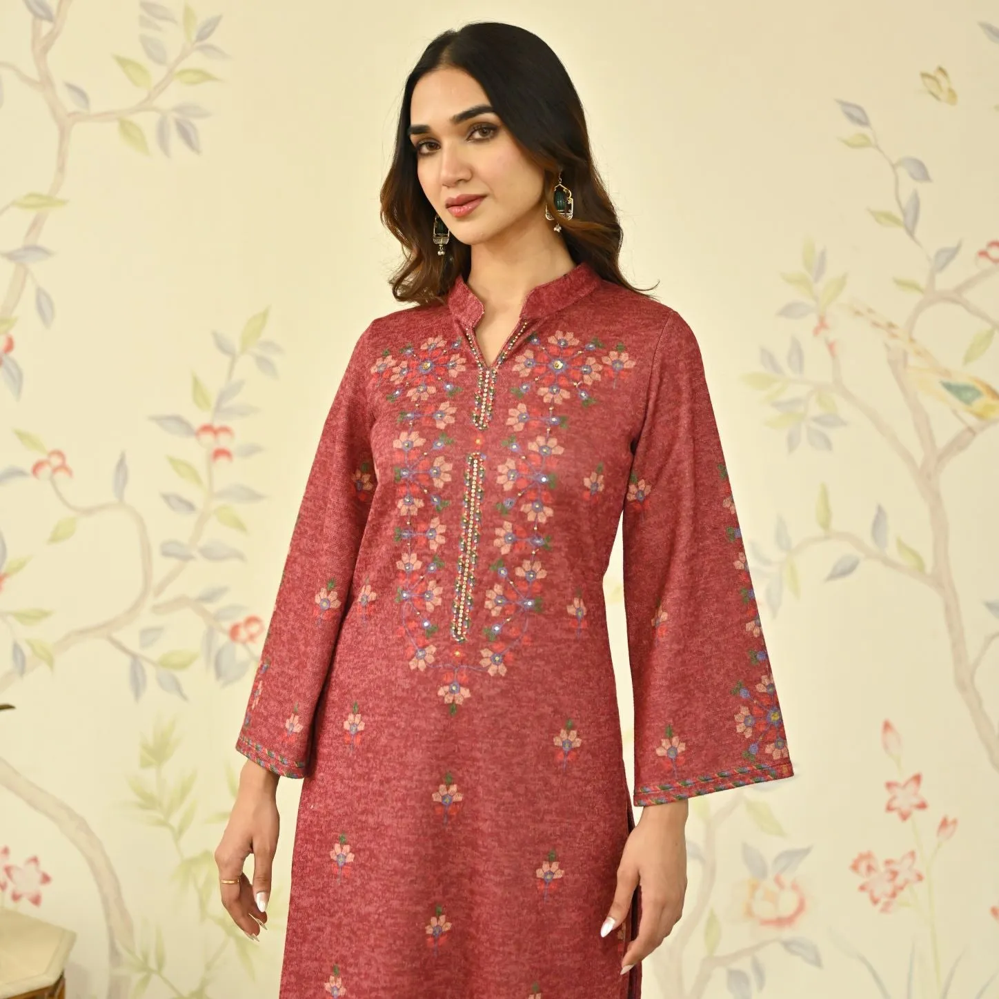 Maroon Geometric Floral Woollen Kurta with Embroidery Detail