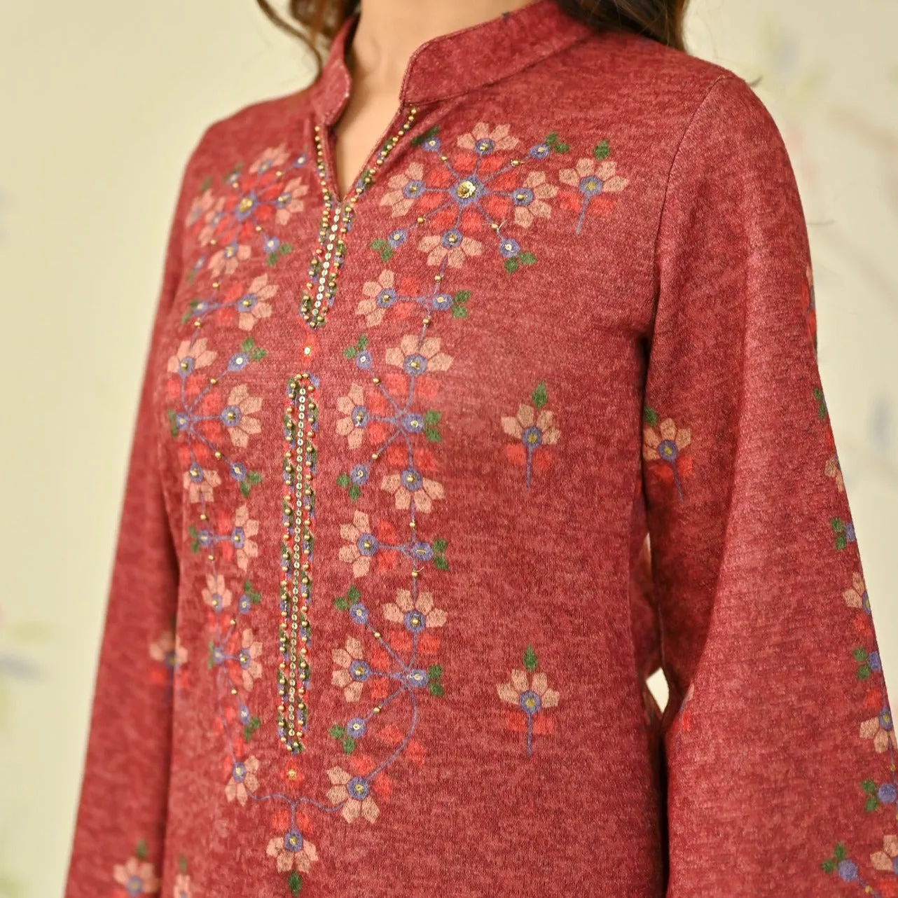 Maroon Geometric Floral Woollen Kurta with Embroidery Detail