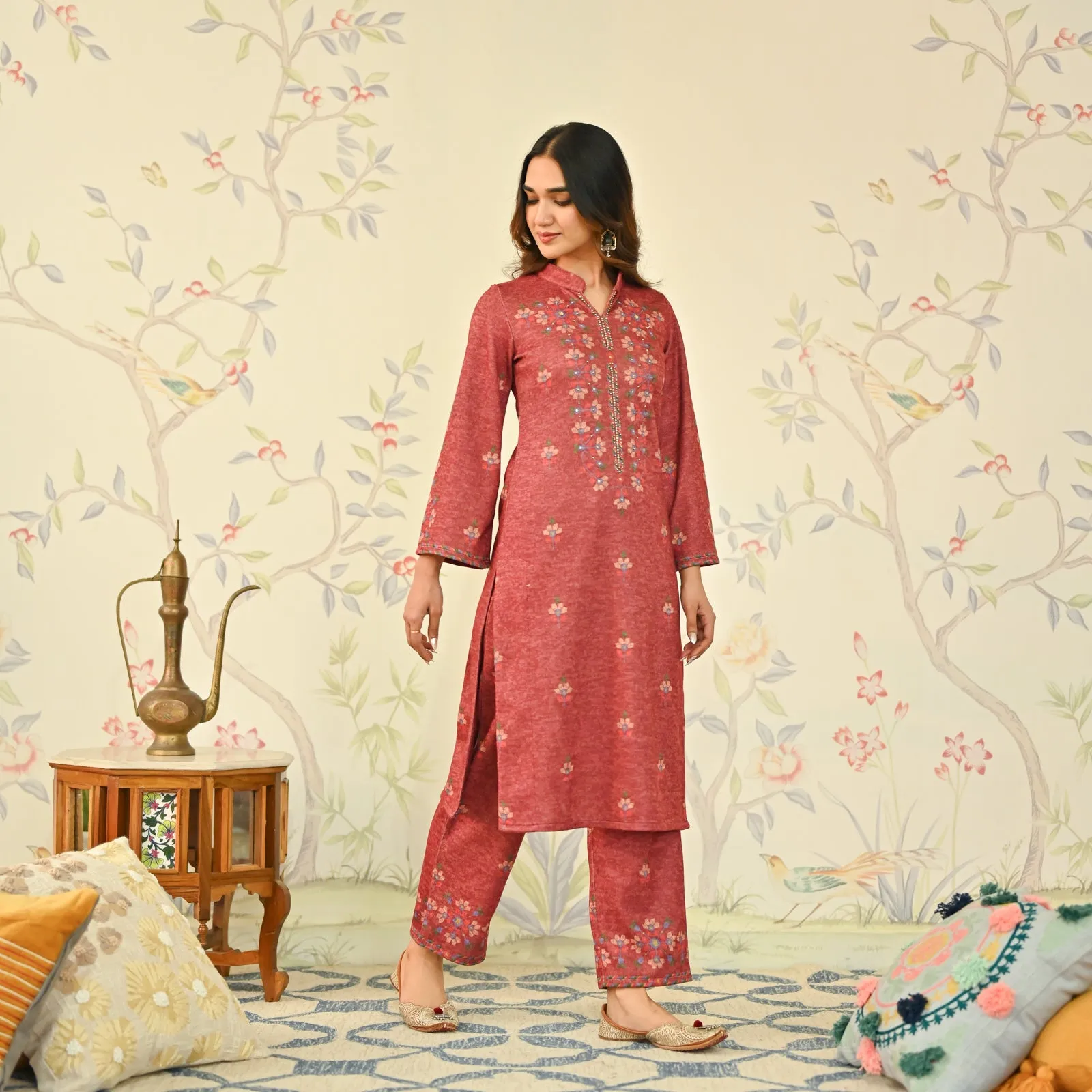 Maroon Geometric Floral Woollen Kurta with Embroidery Detail