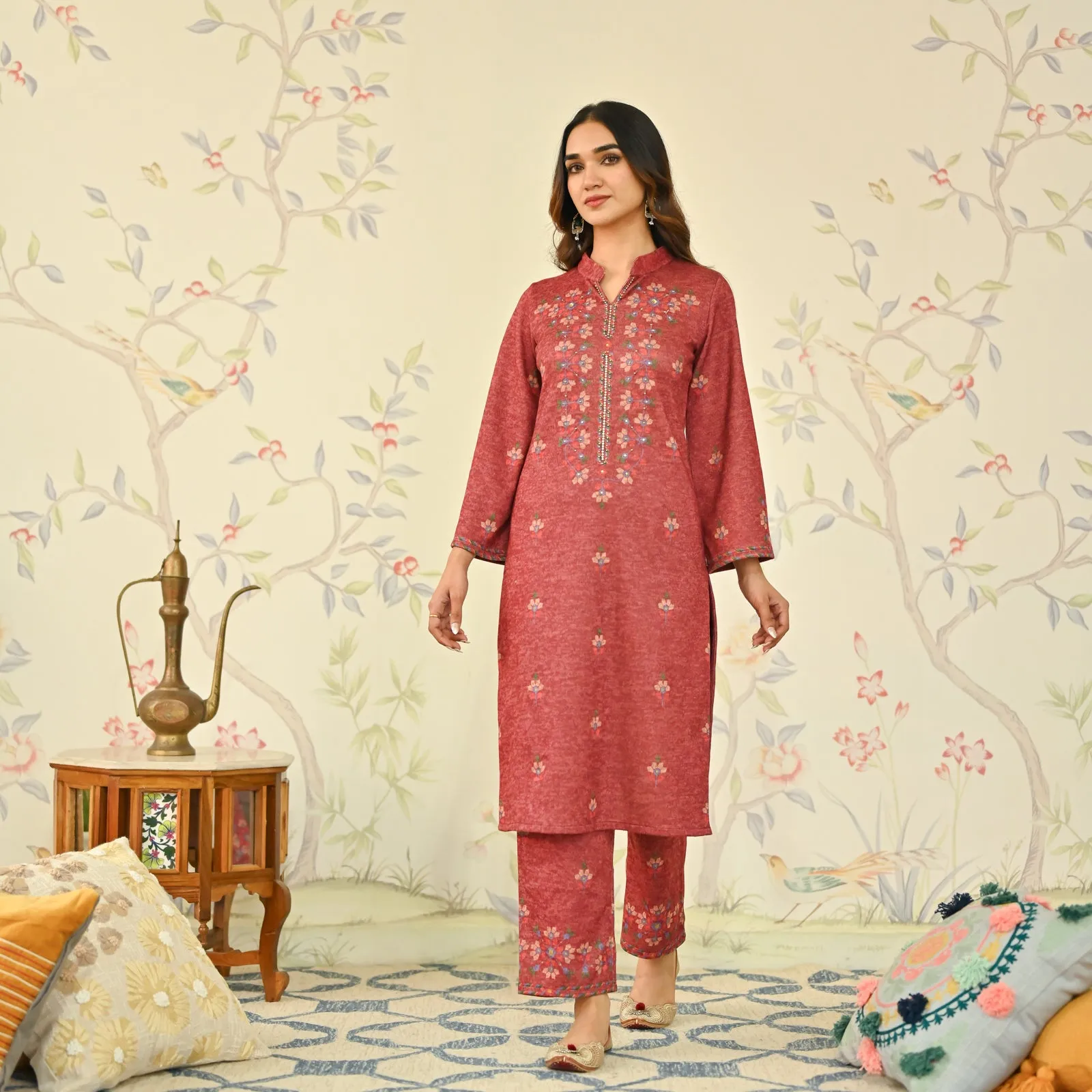 Maroon Geometric Floral Woollen Kurta with Embroidery Detail