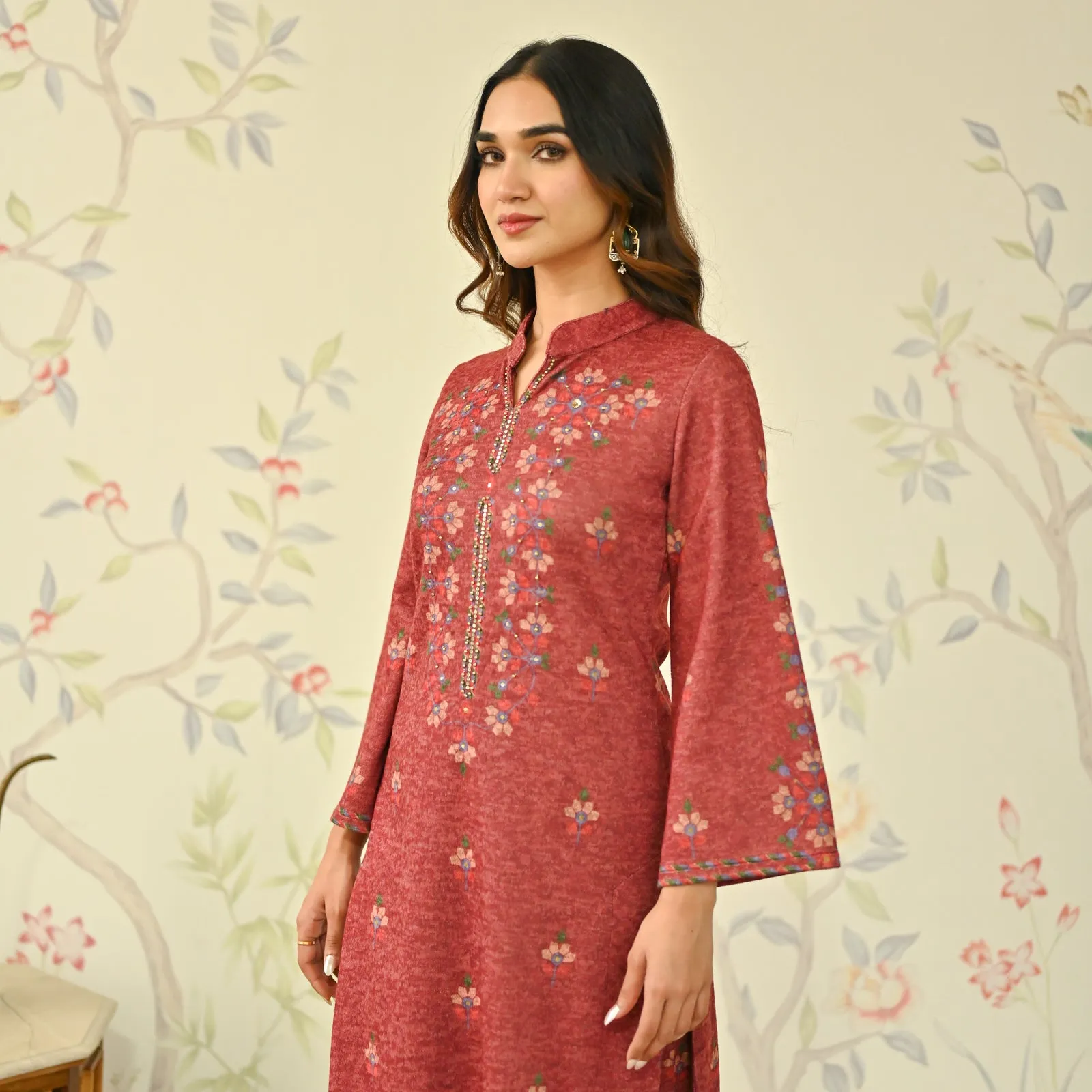 Maroon Geometric Floral Woollen Kurta with Embroidery Detail