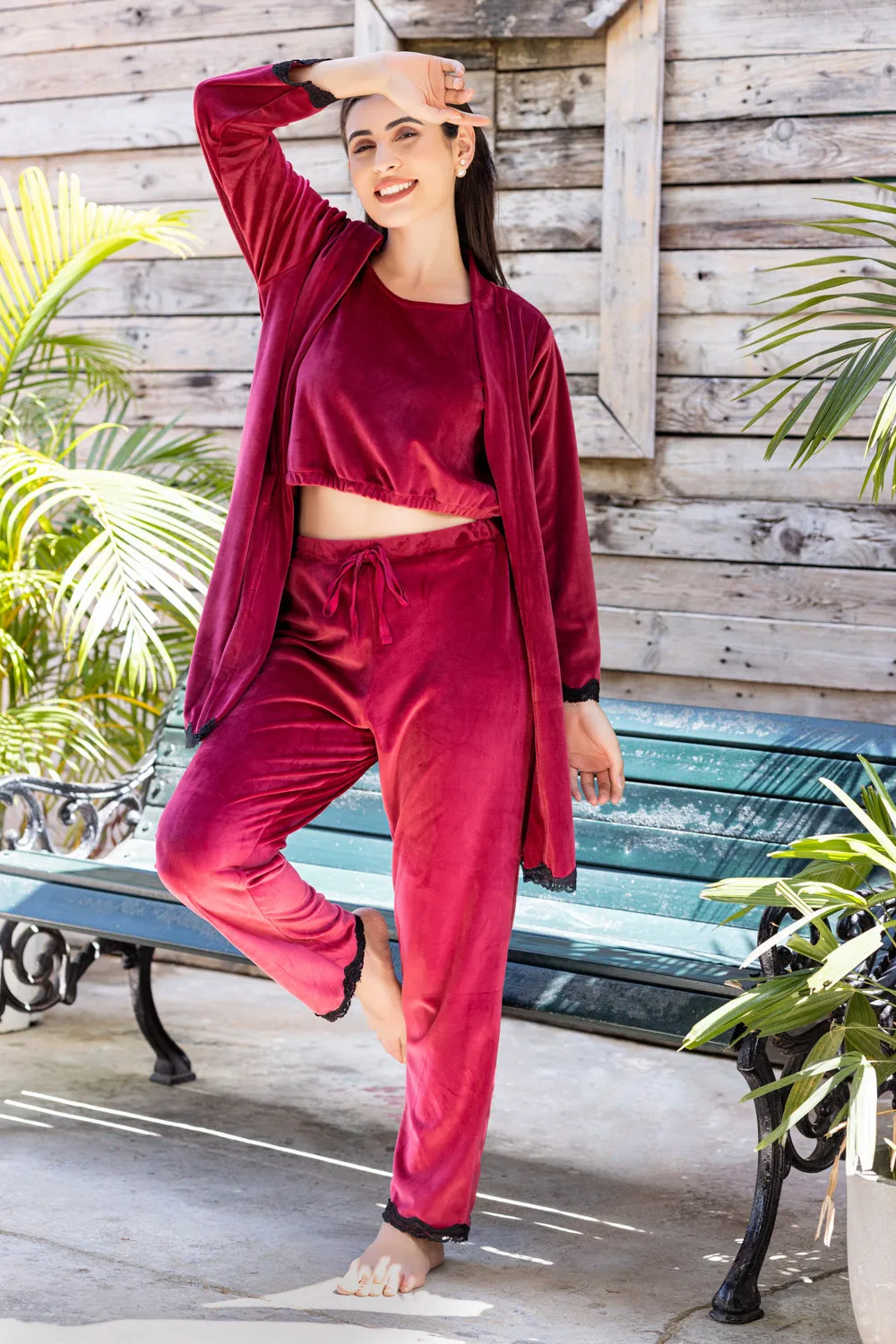 Maroon Velvet Pj set with Robe