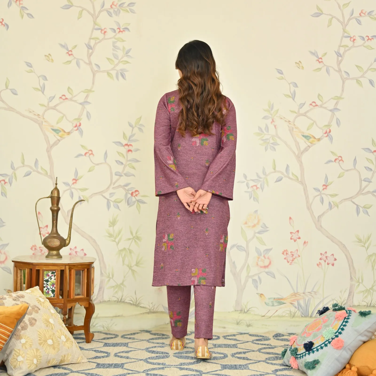 Mauve Phulkari Printed Woollen Kurta Set with Sequins Work