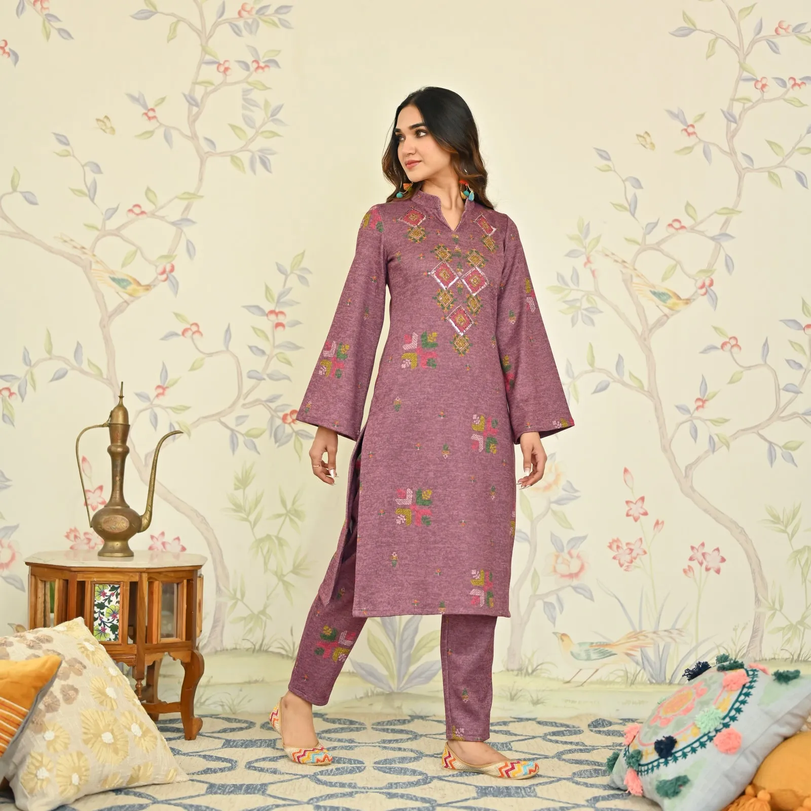 Mauve Phulkari Printed Woollen Kurta Set with Sequins Work