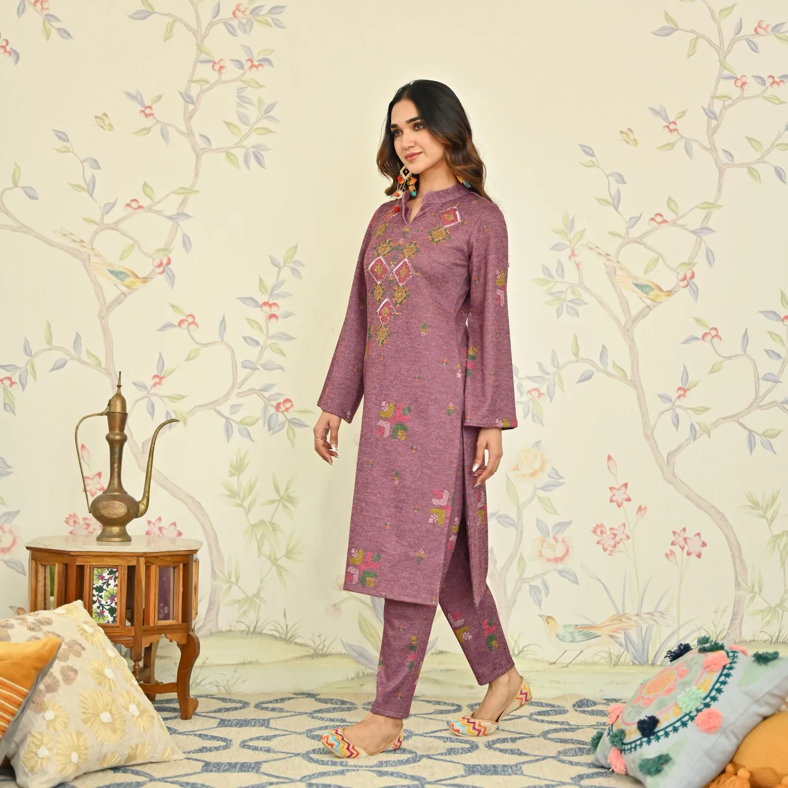 Mauve Phulkari Printed Woollen Kurta Set with Sequins Work