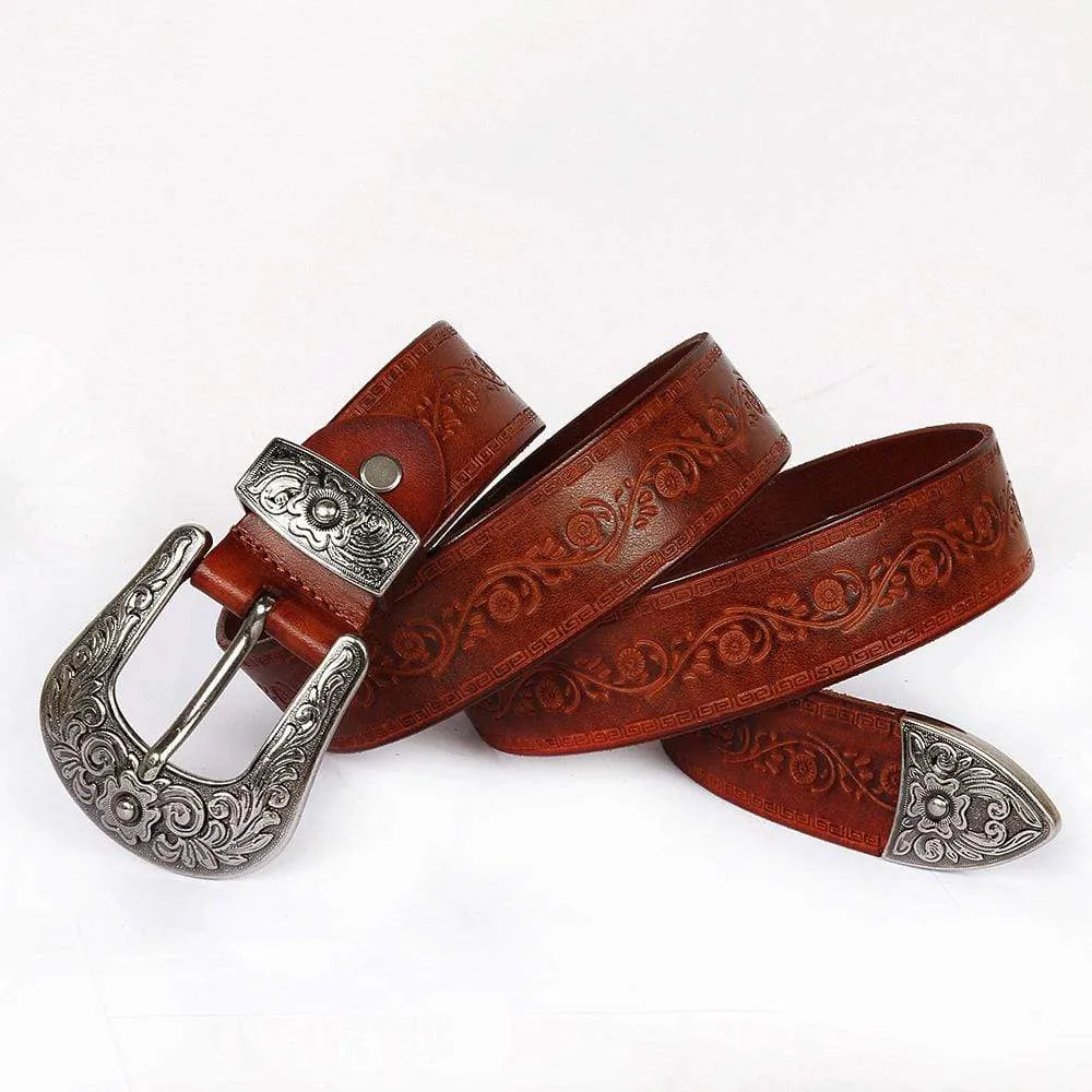 Men's Gothic Floral Carving Cowhide Long Belts