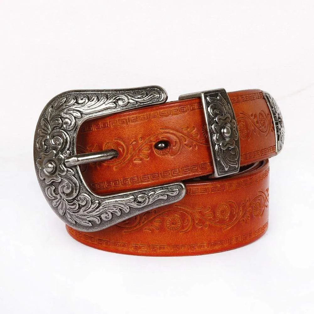 Men's Gothic Floral Carving Cowhide Long Belts