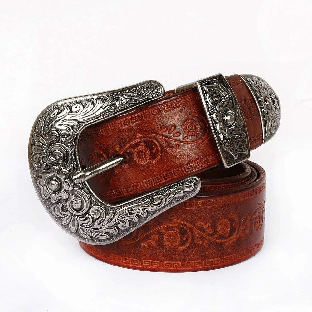 Men's Gothic Floral Carving Cowhide Long Belts