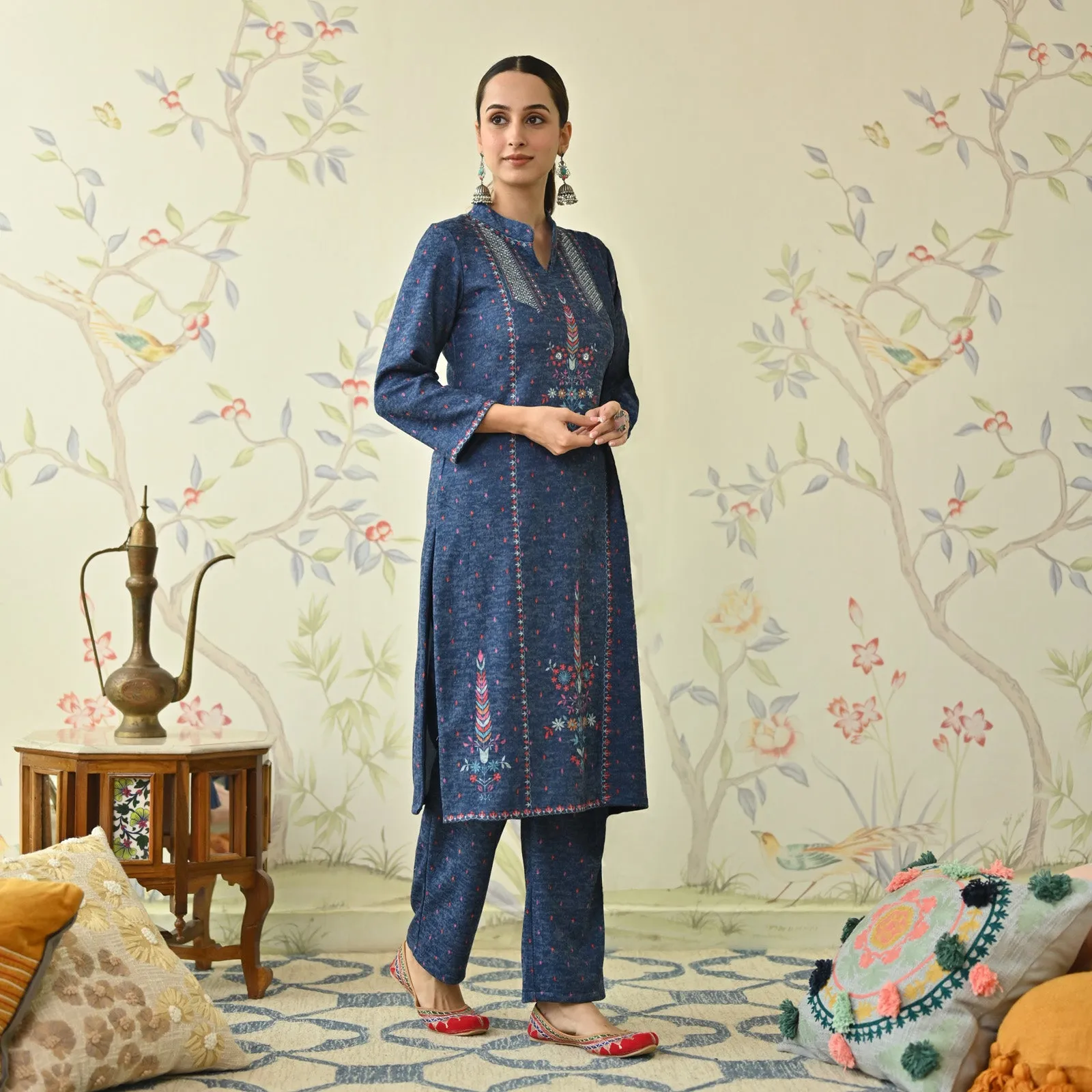 Navy Blue Embroidered Woollen Kurta