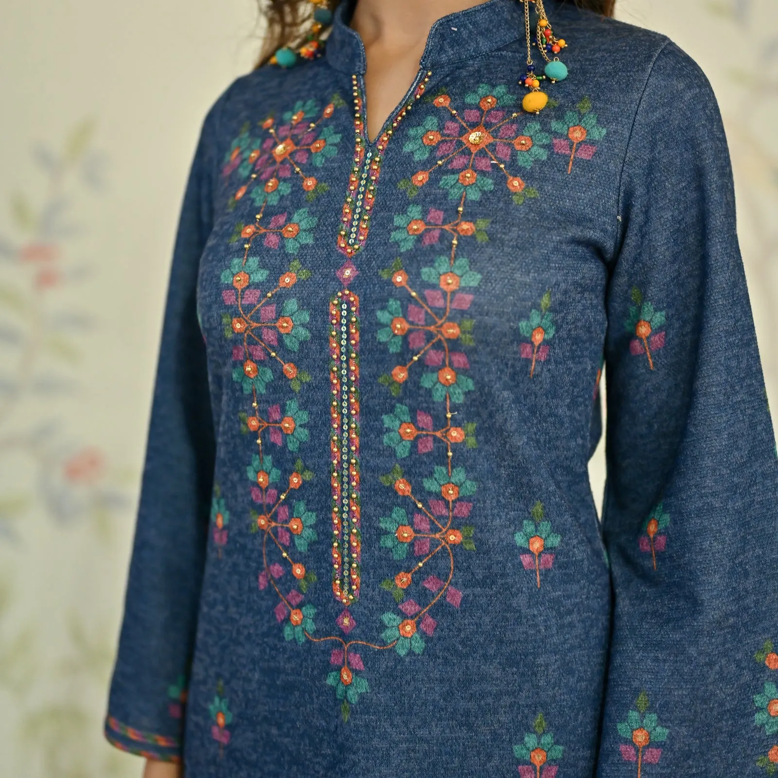 Navy Blue Geometric Floral Woollen Kurta Set with Embroidery Detail