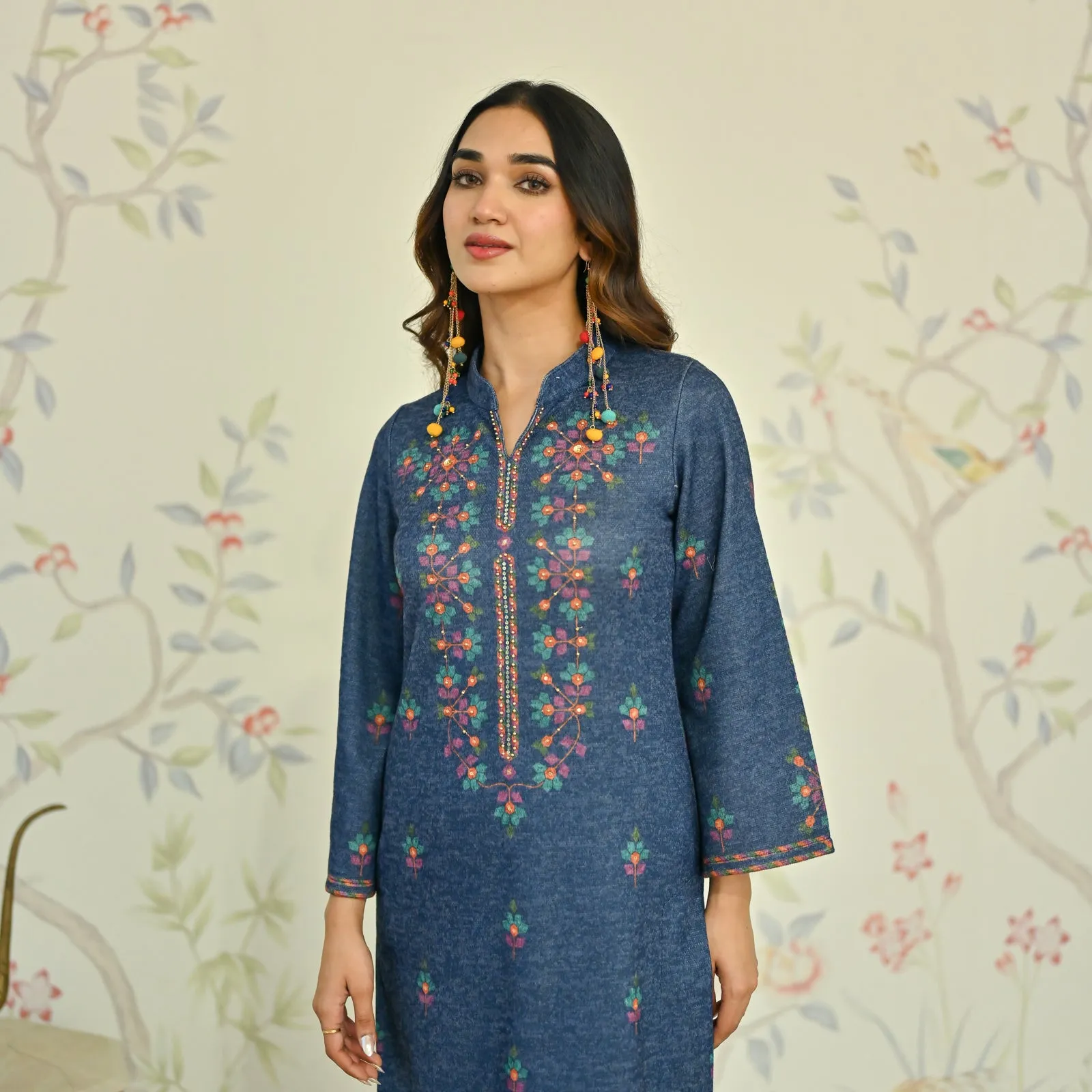 Navy Blue Geometric Floral Woollen Kurta Set with Embroidery Detail