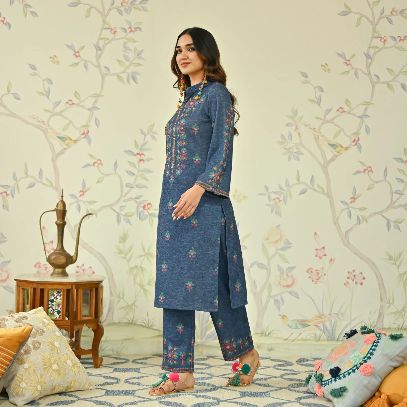 Navy Blue Geometric Floral Woollen Kurta Set with Embroidery Detail