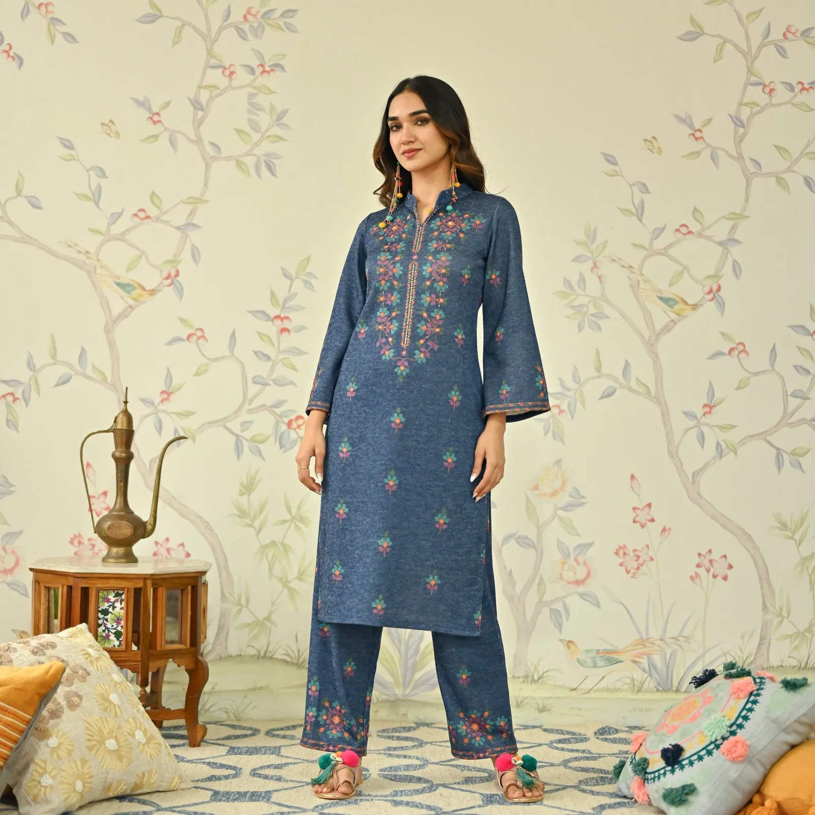 Navy Blue Geometric Floral Woollen Kurta Set with Embroidery Detail