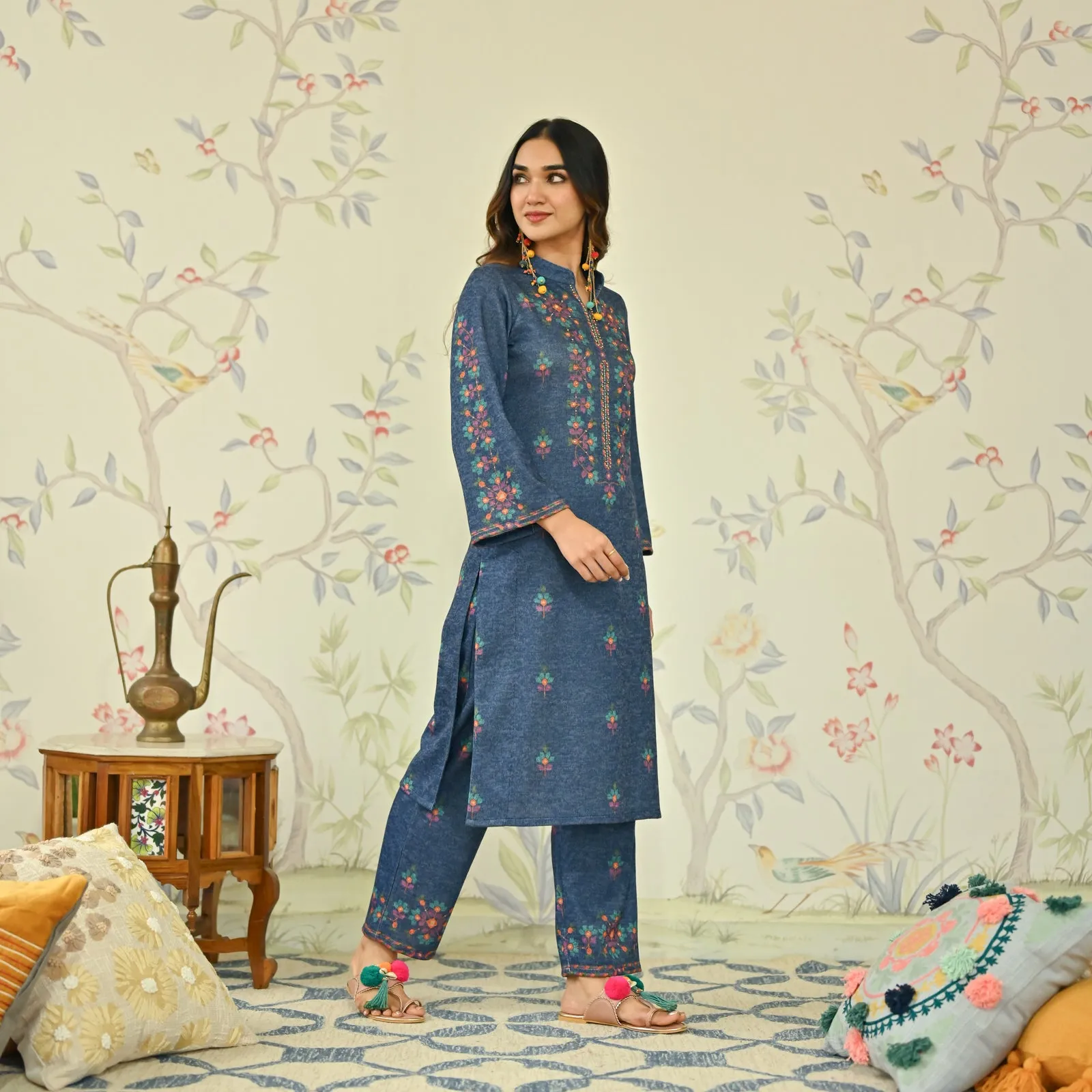 Navy Blue Geometric Floral Woollen Kurta Set with Embroidery Detail