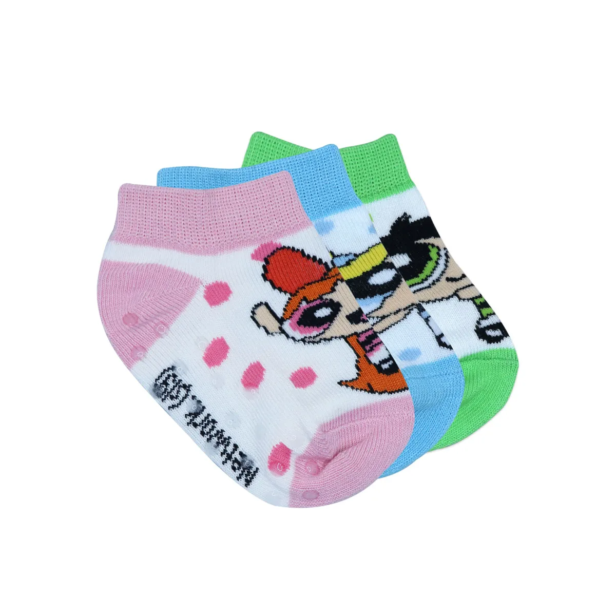 Powerpuff Girls Low Cut Socks by Balenzia for Kids with Anti-Skid Silicone Technology Made with 100% Combed Cotton & Spandex(Pack of 3 Pairs/1U)(1-2 Years)(2-3 Years)-Pink,Blue,Green