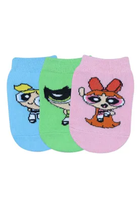 Powerpuff Girls Low Cut Socks for Kids with Anti-Skid Silicone Technology Made with 100% Combed Cotton & Spandex(Pack of 3 Pairs/1U)(1-2 Years)(2-3 Years)- Pink, Blue, Green