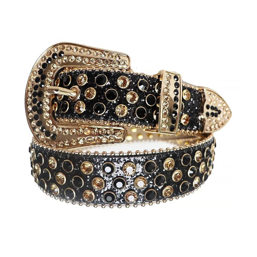 Rhinestone Black And Gold Belt With Black Glitter Strap