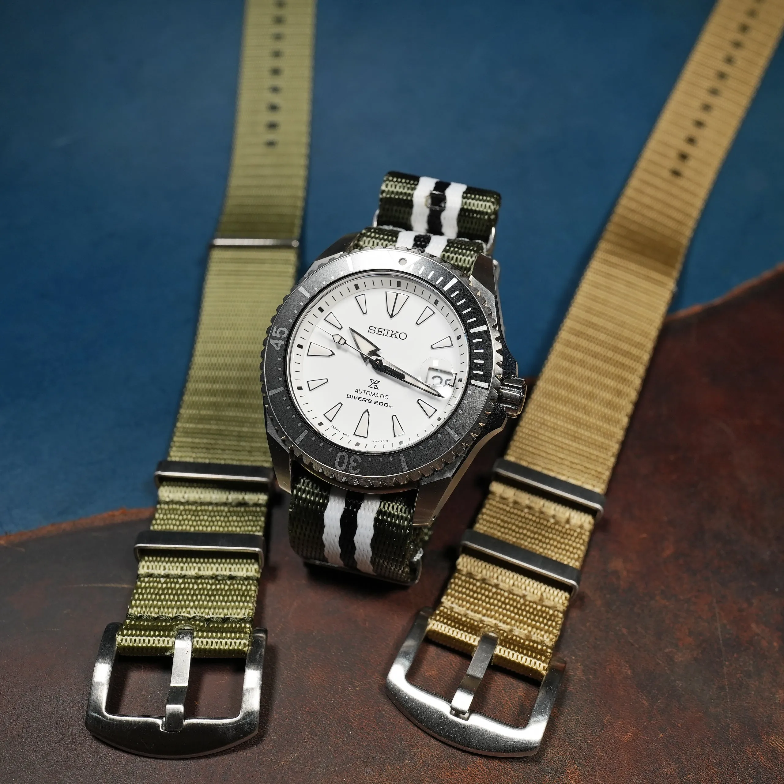 Seat Belt Nato Strap in Olive White Black