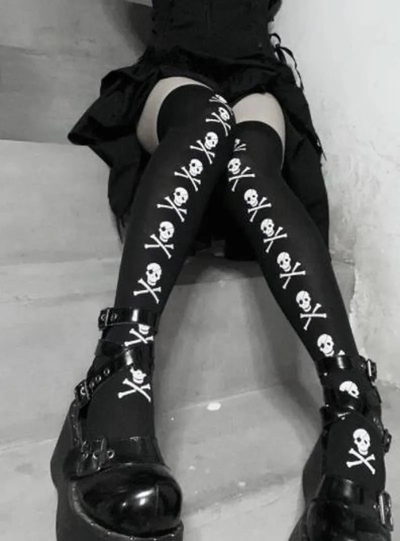 Skull Bat Gothic Dark Long Sexy Stockings Women spider Harajuku Emo Alternative Tights Lingerie Skin Thigh High Garters Hosiery