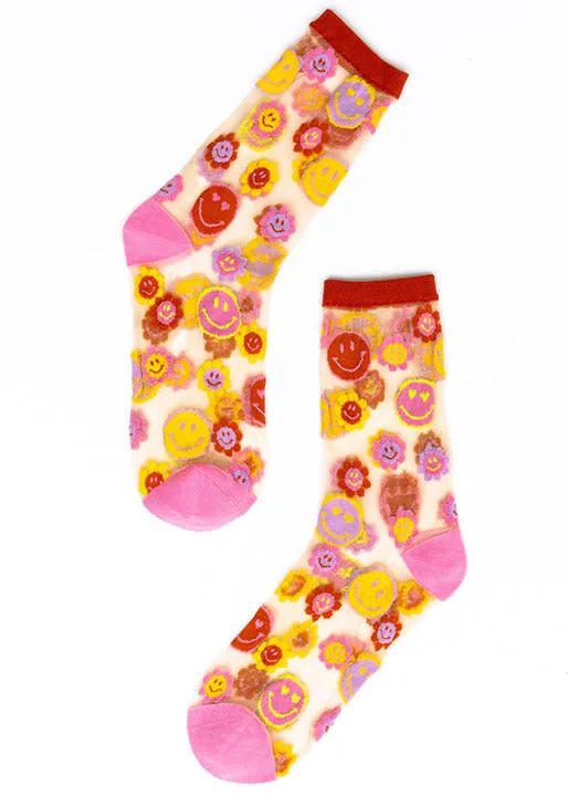 Smiley Face Daisy Sheer Crew Socks