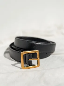 Square Gold Buckle Leather Belt in Black