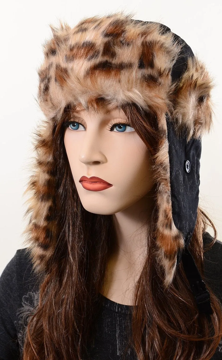 Super Furry Vegan Friendly Leopard Cold Weather Ushanka Trapper Hat