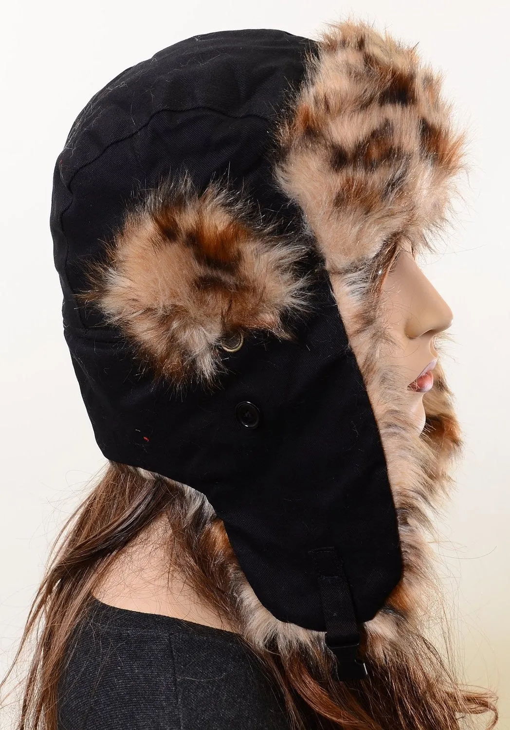 Super Furry Vegan Friendly Leopard Cold Weather Ushanka Trapper Hat