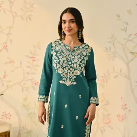 Teal Woollen Embroidered Kurta