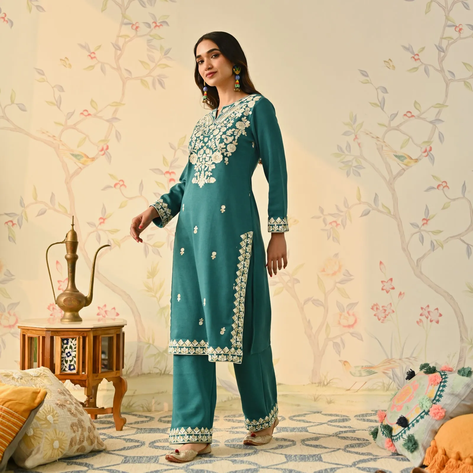 Teal Woollen Embroidered Kurta