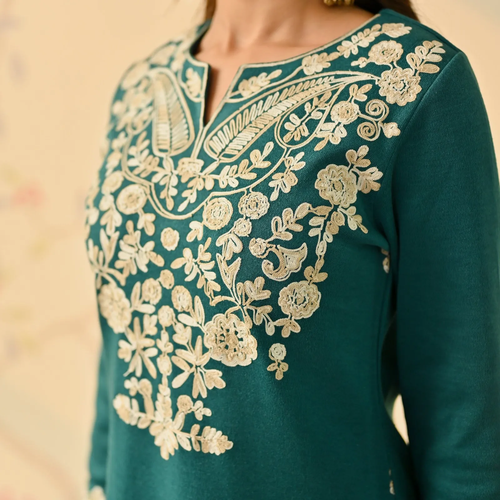 Teal Woollen Embroidered Kurta