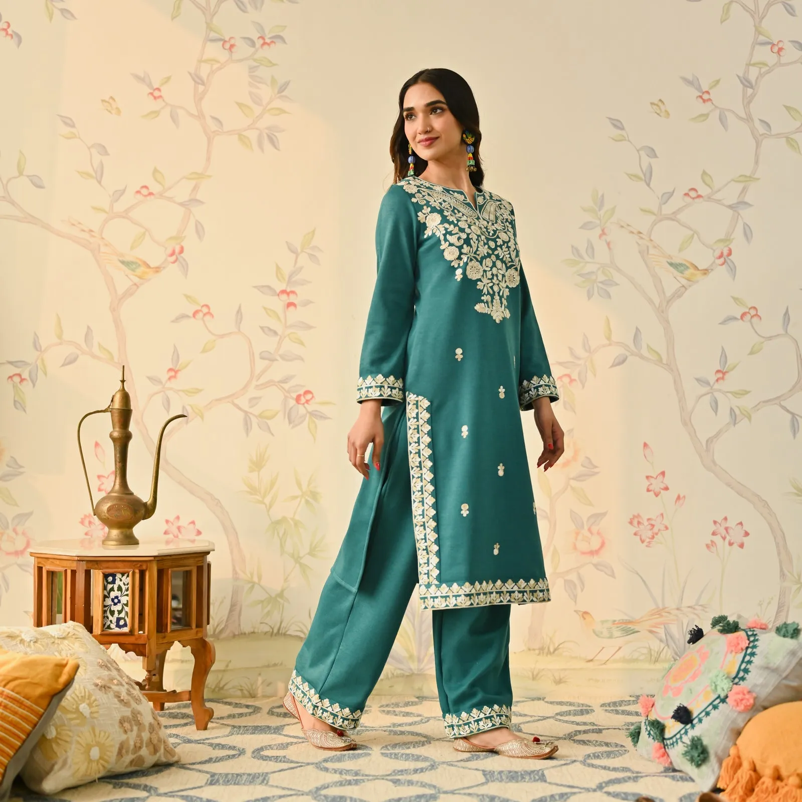 Teal Woollen Embroidered Kurta