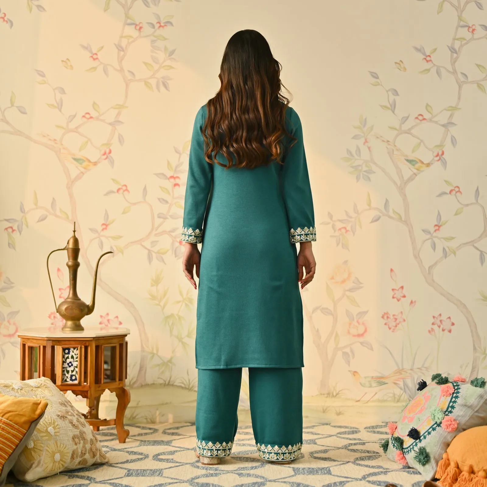 Teal Woollen Embroidered Kurta