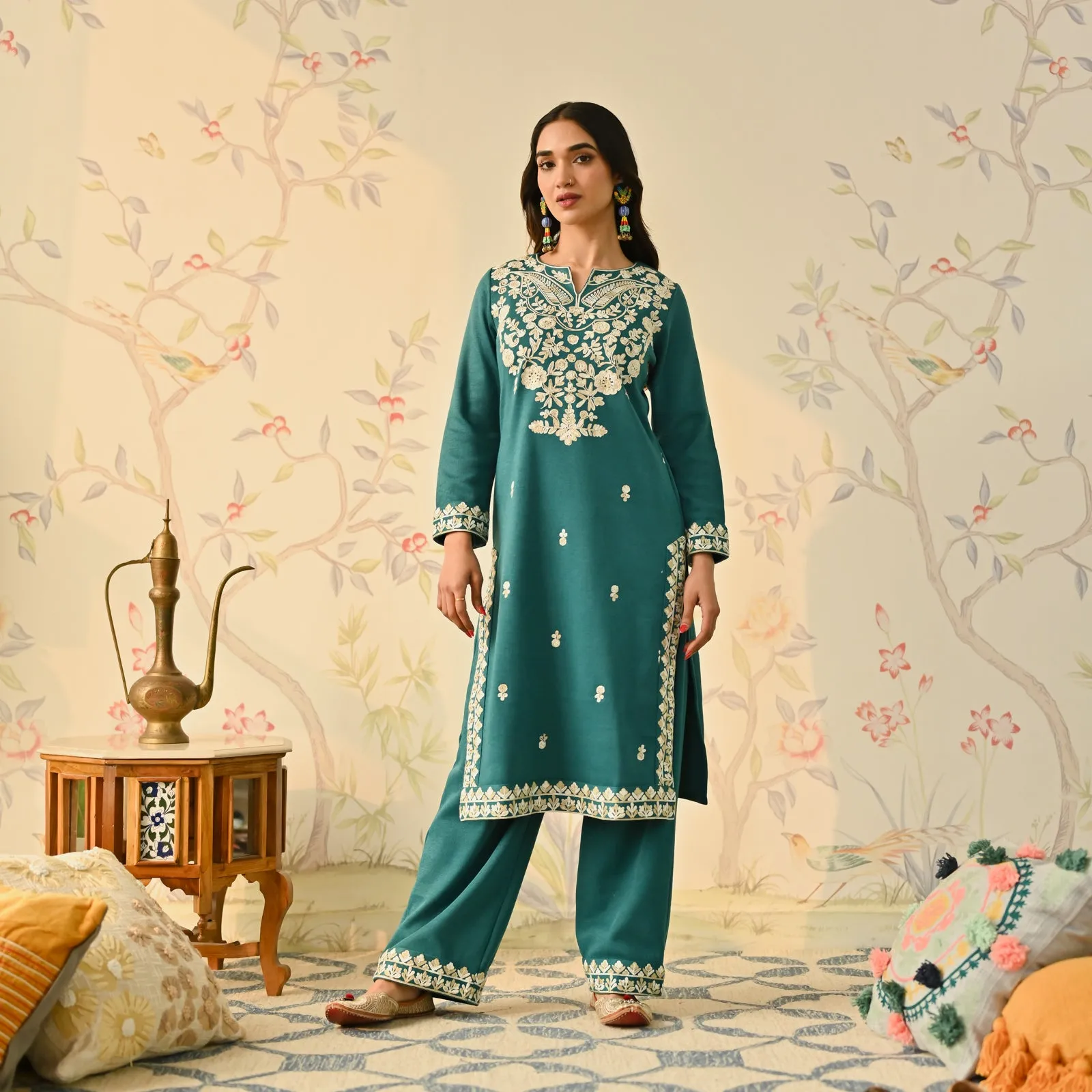 Teal Woollen Embroidered Kurta