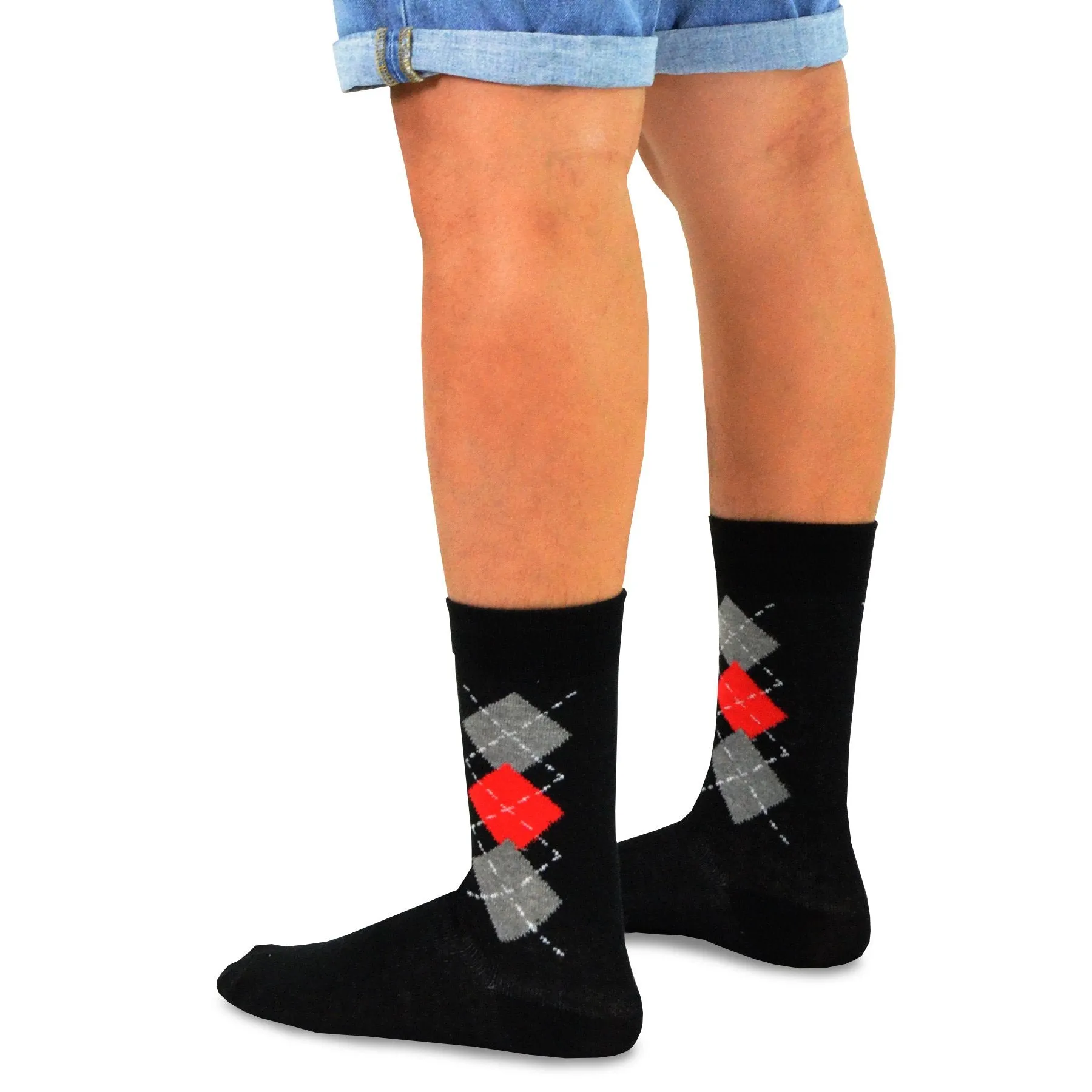 TeeHee Socks Men's Novelty Cotton Crew Skulls and Stripes with Red Accent 5-Pack (51055)