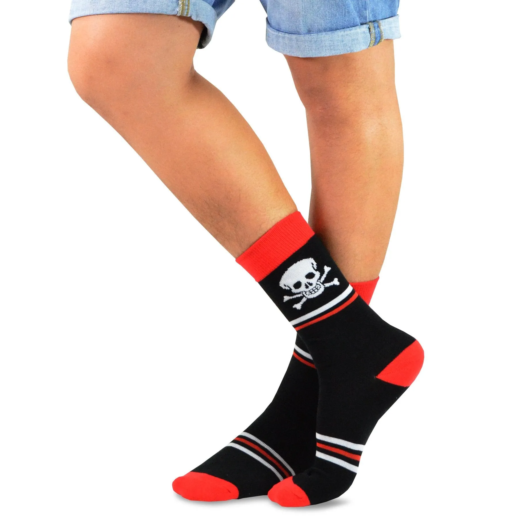 TeeHee Socks Men's Novelty Cotton Crew Skulls and Stripes with Red Accent 5-Pack (51055)