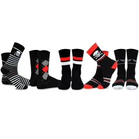 TeeHee Socks Men's Novelty Cotton Crew Skulls and Stripes with Red Accent 5-Pack (51055)