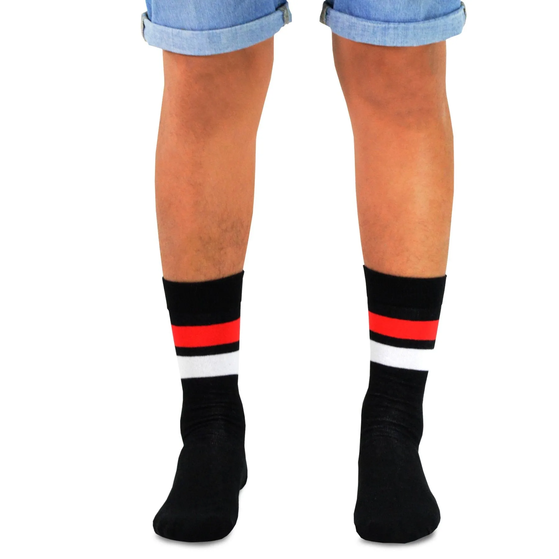 TeeHee Socks Men's Novelty Cotton Crew Skulls and Stripes with Red Accent 5-Pack (51055)